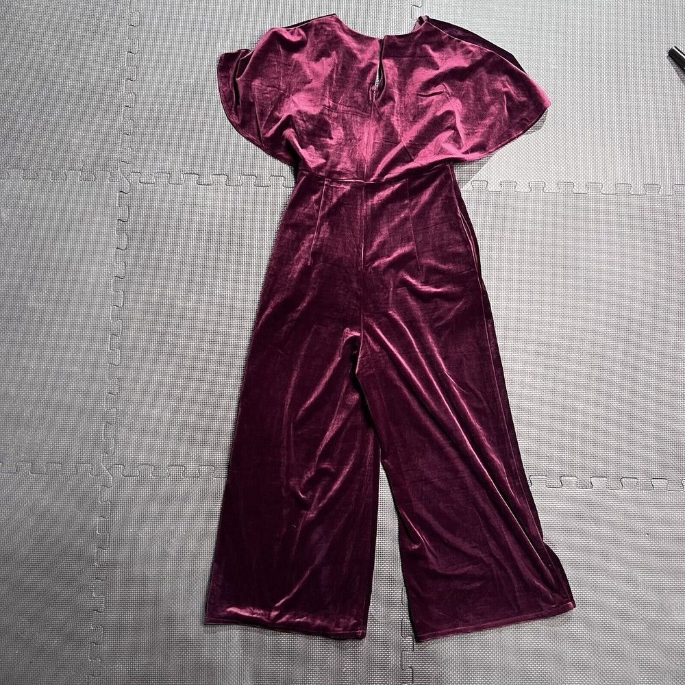 Greylin Anthropologie Luna Velvet Jumpsuit Wide Leg Cropped Burgundy‎ Small - Picture 2 of 15